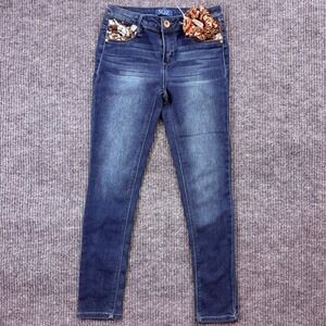 SQZ Kids Girls Skinny Jeans Dark Wash Sequin Pockets with Scrunchie Size 10